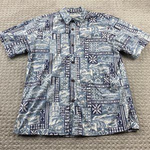 Bishop St. Hawaiian Shirt Men Large L Blue White Button Up Floral Beach Casual